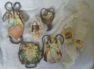 7 Antique Folk Art Scrap Tinsel Ornaments - Angels,  - Low $0.  99 Opening Bid