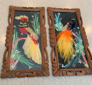 2 - Pc Set Vtg Mexican Folk Art Feathercraft Bird Feather Pictures,  Carved Frame