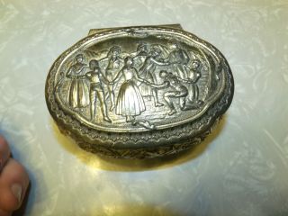 Old Silver Metal Trinket Box Lined W/cloth Victorian Group Dancing On Lid