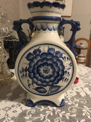 Russian Gzhel Hand Made Porcelain Footed Flower Vase