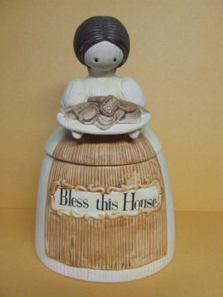 Vintage Corn Husk Doll/lady " Bless This House " Cookie Jar By Manler (1973)