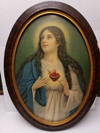 Rare Vintage Framed Picture Of Mary Sacred Heart Oval Framed Of Mary 23x17