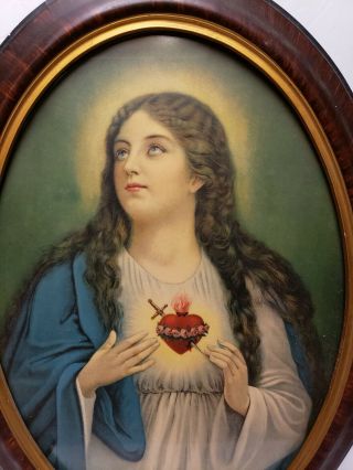 RARE VINTAGE FRAMED PICTURE OF MARY SACRED HEART OVAL FRAMED OF Mary 23X17 7