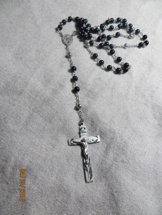 Vintage Grenci 925 Sterling Silver Rosary With Black Beads Jesus/mary Medal 25 "