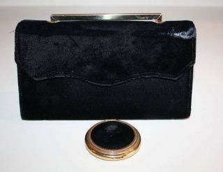 Vtg Lin - Bren Black Velvet Clutch Purse With Matching Compact Exc Con