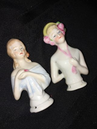 (2) Pretty Vintage German Half Doll Pin Cushions Porcelain Germany