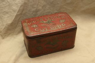 Primitive Antique Tobacco Tin W Litho Advertising Union Leader Cut Plug