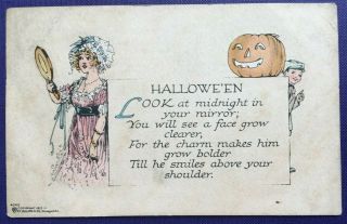 Halloween Postcard By Jack - O - Lantern,  Boy & Girl Holding Mirror By P.  F.  Volland