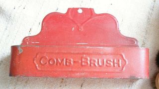 Vintage Pressed Metal Tin Comb & Brush Holder Wall Pocket Hang Sit Vanity
