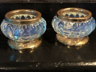 Pair Vintage Opaline Opalescent Italian Glass Salt Cellar With Brass Rim & Base