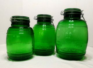 Set - 3 Vintage Green Glass Cracker Barrel Style Jars 2,  3,  4 Qt.  Jar Canisters