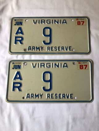 1987 Virginia Army Reserve License Plates Matched Pair Low Single Digit Colonel