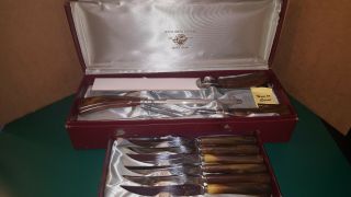 Vintage Sheffield 3709 Stainless E Parker & Sons Carving Set & 6 Steak Knives