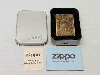 Rare Brass Zippo Lighter With Eagle & Statue Of Liberty In Metal Box