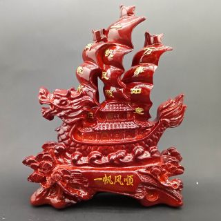 Chinese Hand - Carved Exquisite Red Wooden Boat Statue A771