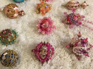 20 Vintage Handmade Xmas Ornaments - Beads Sequins Ribbon Satin Tassels Pins