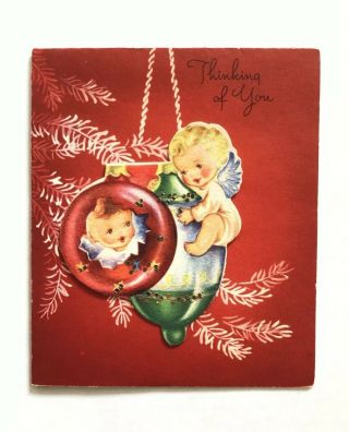 Vintage Christmas Card Cute Angel Child Ornament Reflection Tree Glitter
