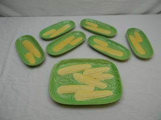 7 Piece Set Vintage Ceramic Corn Cob Serving Tray,  6 Single Plates Dishes Japan