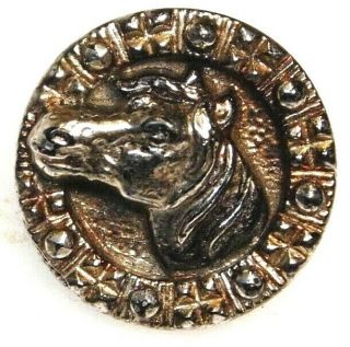 Antique Vtg Button Luster Glass Silver & Black & Gold Horse Head 11/16 A17