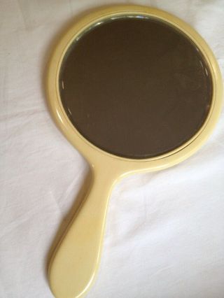 Vintage Large Hand Held Yellow Celluloid Vanity Mirror Beveled