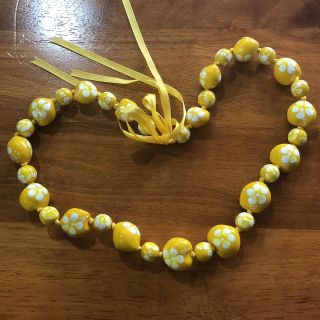 Kukui Nut Lei Hibiscus Yellow Flower Necklace Hawaiian Wedding Luau Graduation