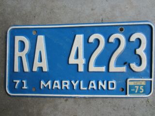 Vintage 1971 Issue Maryland License Plate Blue And White