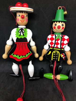 Vtg Wood Pull String German Girl Boy Couple Doll Christmas Ornament Erwin Pfaff