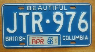 British Columbia License Plate Passenger Expired 1986 Number Jtr 976 Canada