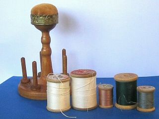 Vintage Wood Spools W Thread & Turned Thimble Spool Holder W Pin Cushion
