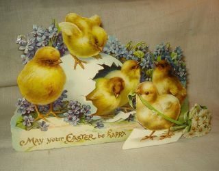 Antique Victorian Easter Card Easel Back 3 - D Chicks Hatching From Egg Large 9.  5 "