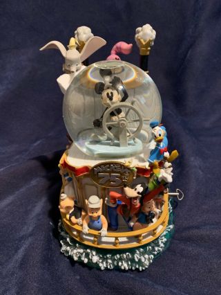 Mickey Mouse Steamboat Willy Celebrates 75 Snow Globe Lights Up And Plays Music.