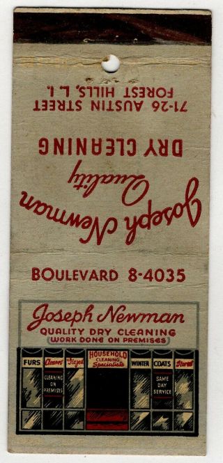 Joseph Newman Quality Dry Cleaning Long Island Vintage Matchbook Cover B50