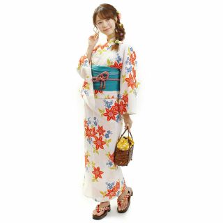 Japanese Ladies Kimono - White Yukata Blue Obi Belt Set Of 2 -