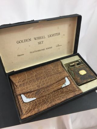 Vintage Golden Wheel Pocket Lighter Set With Box