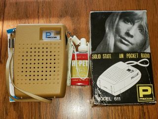 Vintage Nos Precor Solid State Transistor Pocket Radio Tan 611 Nib