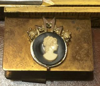 Vintage Gold Tone Brass La Petite Match Box Holder Applied Cameo Clip