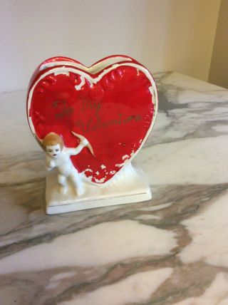 Vintage Ceramic Valentine Day Cupid With Red Heart Planter Vase
