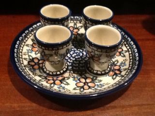 Handmade In Poland 4 Porcelain Egg Cups With Plate Holder (indented)