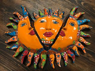 Talavera Sun Mexican Pottery Three Faces,  14” By Gerardo Garcia,  Signed