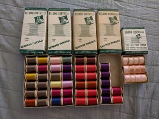 55 Vintage Silk Threads On Wooden Spools,  Belding Corticelli W/ Box
