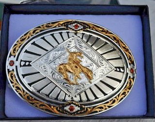Nib Montana Silversmiths Belt Buckle Silver 2t End Of The Trail W Gold Stones