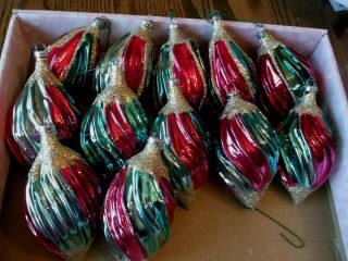 Vintage Set Of 12 Red/green Gold Glitter Swirl 5 " Teardrop Christmas Ornaments