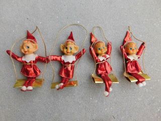 4 Vintage Pixie Elf On Swing Christmas Ornament Red Metallic Japan Knee Hugger