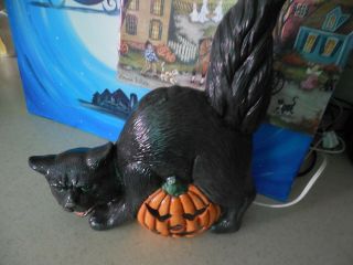 Vintage Halloween Ceramic Mold Black Cat & Pumpkin Lighted 11”