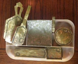 Vintage Art Deco Green Pearl Celluloid / Bakelite? Dresser Vanity Set W/ Tray