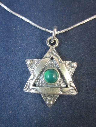 Artisan Sterling Silver Star Of David Green Agate Pendant Necklace 18 " 925 Chain