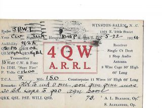 1924 4qw Winston - Salem N.  C.  Qsl Radio Card.