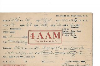 1925 4aam Charleston S.  C.  Qsl Radio Card.