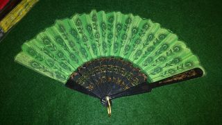 Set Of 3 Oriental Asian Hand Held Fans Green Red Yellow