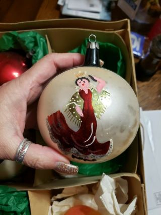 Vintage Hand Painted Mercury Ornament With Dancers From Poland 5 Inch Ball